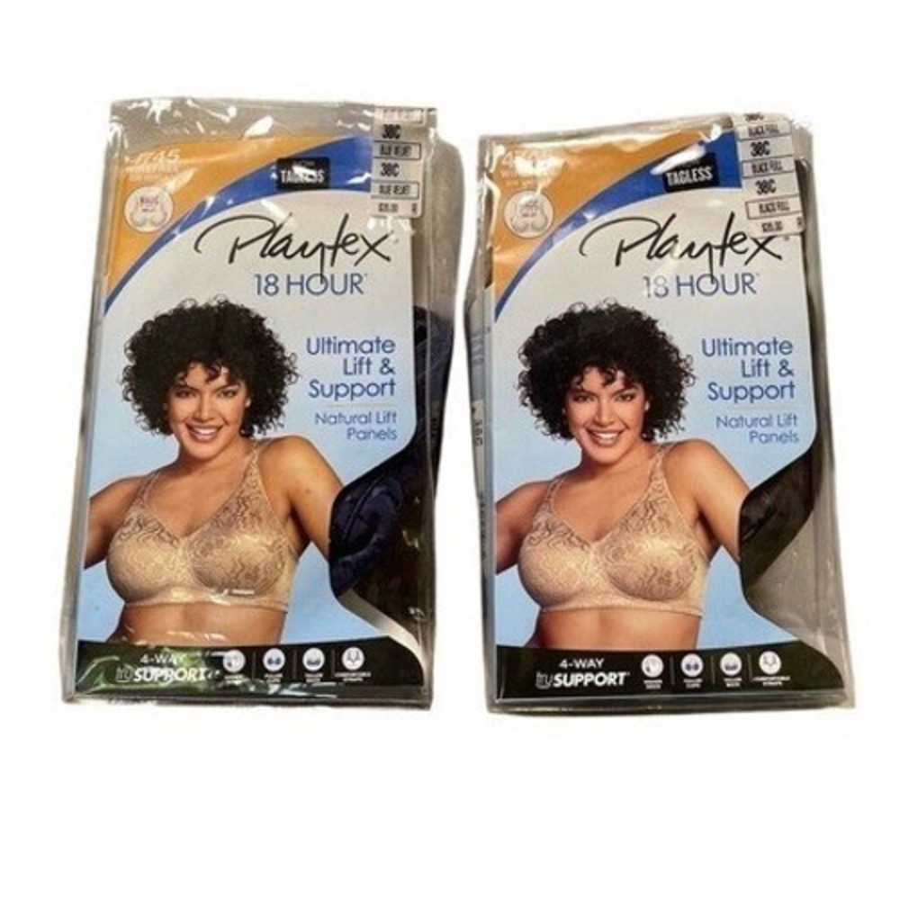 2pk Playtex 18 Hr 4745 Ultimate Lift & Support Bra 38C Wireless black & blue NEW